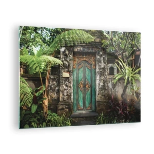 Obraz na skle - Zdobené tyrkysové dveře v kamenné zdi obklopené tropickou vegetací - 70x50cm - Dveře do exotického světa - Moderní nástěnná dekorace do obývacího pokoje a ložnice ARTTOR