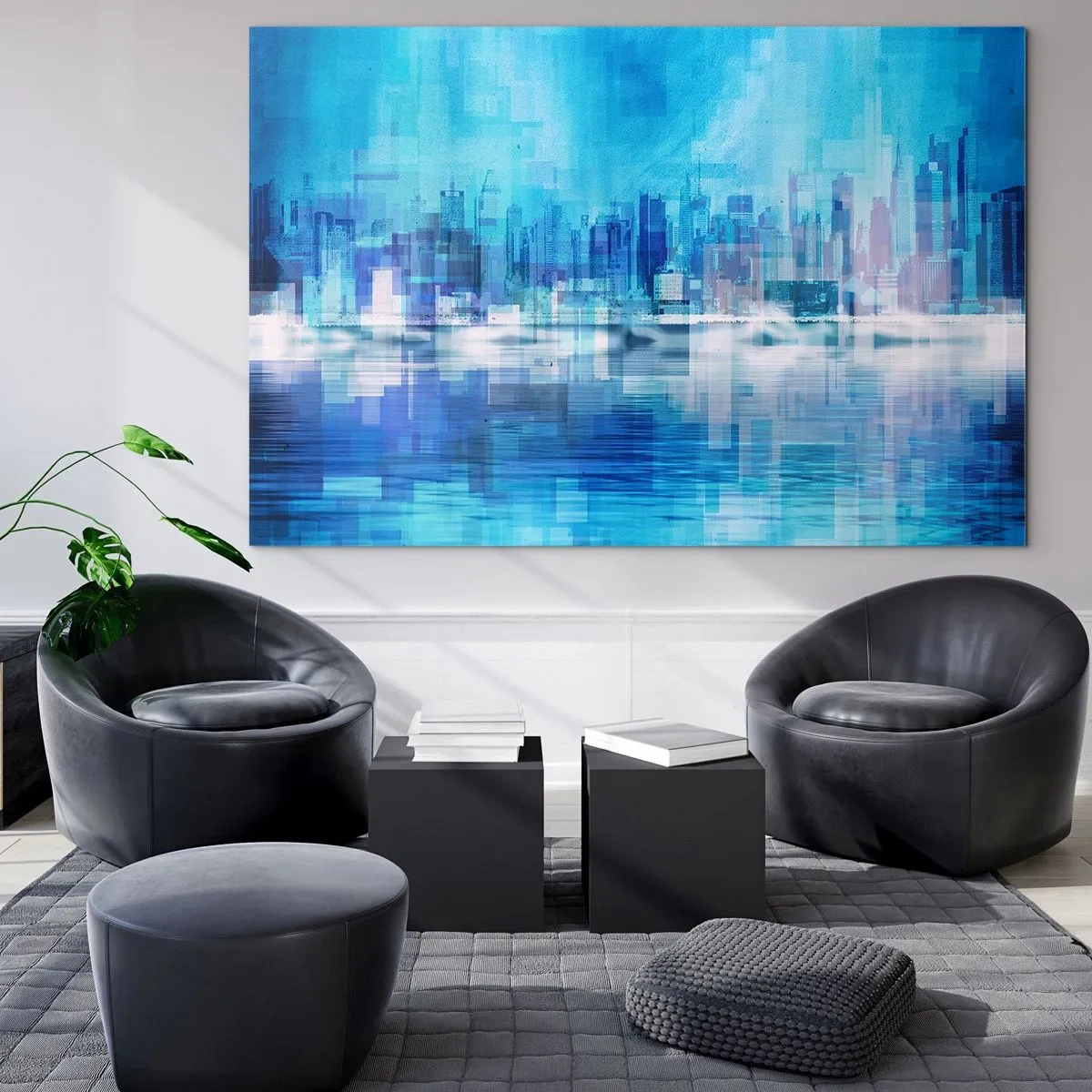 Obraz na skle - Moderní panorama města v odstínech modré - 70x50cm - Utopené v modři - Moderní nástěnná dekorace do obývacího pokoje a ložnice ARTTOR