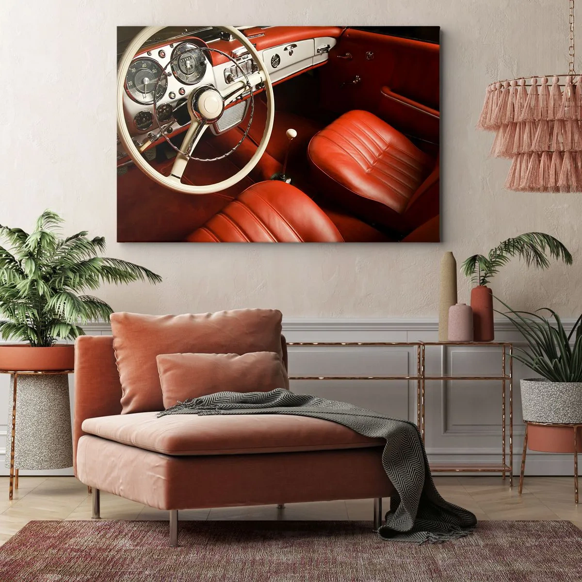 Obraz na plátně - Interiér klasického vozu s červenými koženými sedadly - 70x50cm - Luxus ve stylu vintage - Moderní nástěnná dekorace do obývacího pokoje a ložnice ARTTOR
