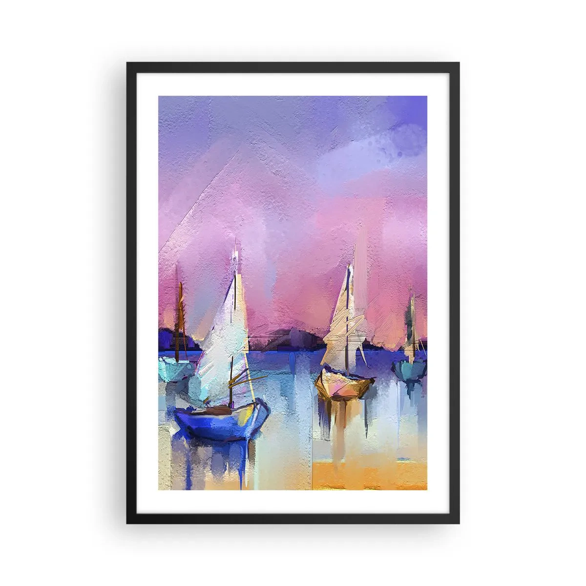 Plakát v černém rámu - Abstraktní plachetnice na barevném pozadí - 50x70cm - Směr: široké vody - Moderní nástěnná dekorace do obývacího pokoje a ložnice ARTTOR