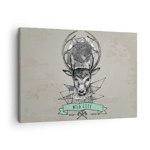 Obraz na plátně - Geometrie jelenů ve vintage stylu s nápisem Wild Life - 70x50cm - Vidění sv. Huberta - Moderní nástěnná dekorace do obývacího pokoje a ložnice ARTTOR