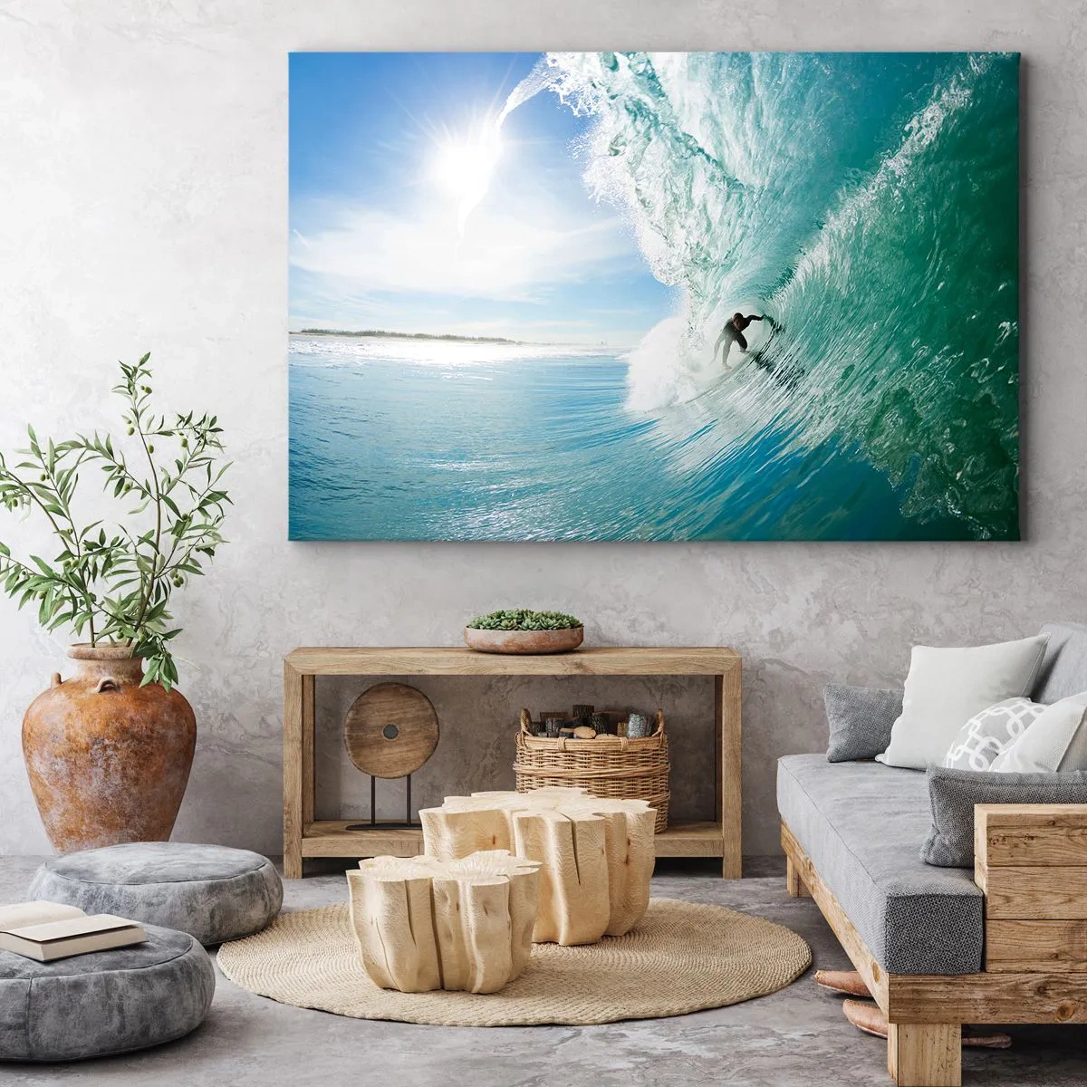 Obraz na plátně - Surfař na vlně na slunci proti modré obloze - 70x50cm - Vždy na povrchu - Moderní nástěnná dekorace do obývacího pokoje a ložnice ARTTOR