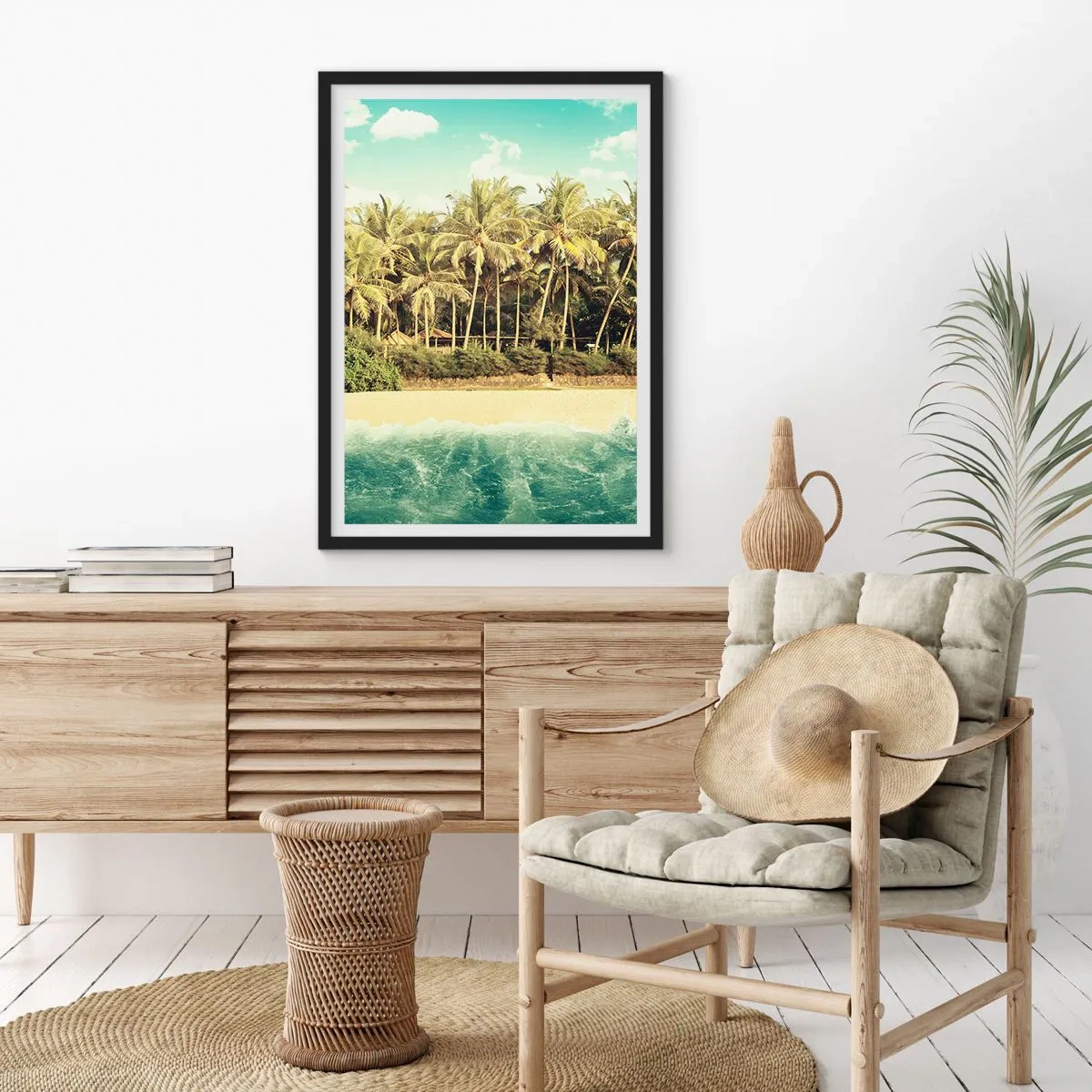 Plakát v černém rámu - Tropická pláž s palmami a azurovou vodou - 50x70cm - Co třeba tady? - Moderní nástěnná dekorace do obývacího pokoje a ložnice ARTTOR