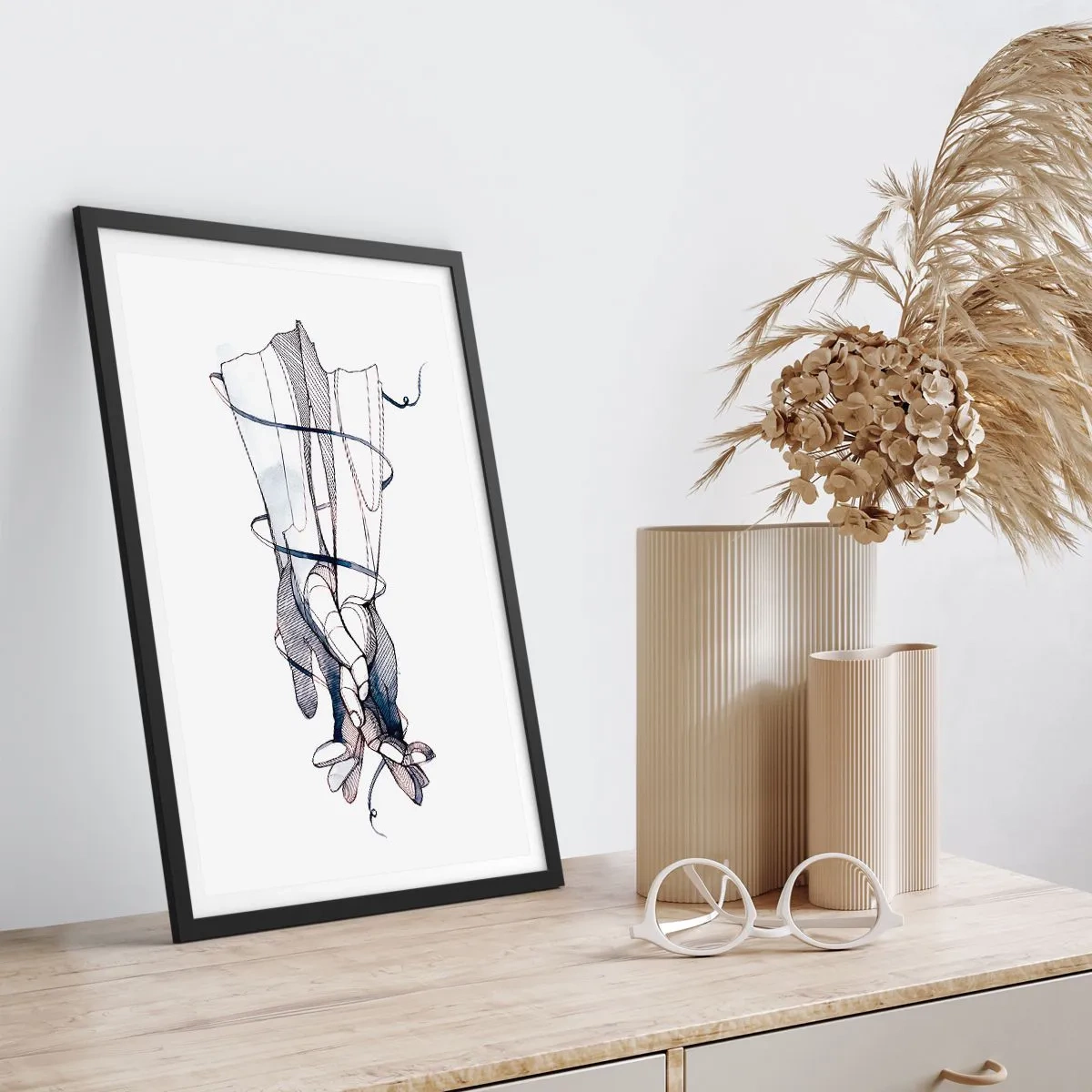 Plakát v černém rámu - Umělecké ruce s jemnými květinami a liniemi - 50x70cm - Studie o dotyku - Moderní nástěnná dekorace do obývacího pokoje a ložnice ARTTOR