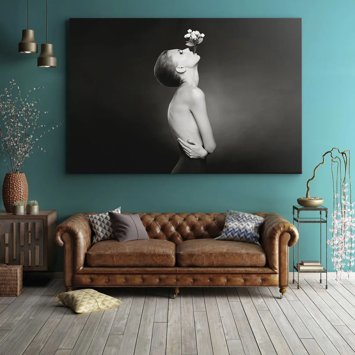 Obraz na plátně - Černá a bílá silueta ženy s květinou - 70x50cm - Excentrická elegance - Moderní nástěnná dekorace do obývacího pokoje a ložnice ARTTOR