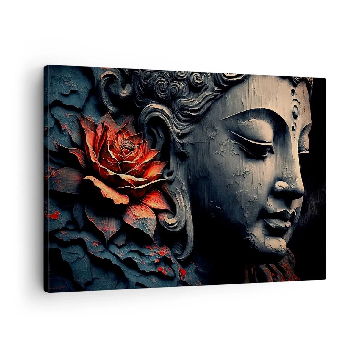 Obraz na plátně - Socha Buddhy s červeným lotosovým květem - 70x50cm - V souladu se světem - Moderní nástěnná dekorace do obývacího pokoje a ložnice ARTTOR