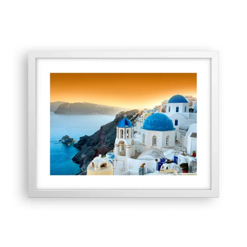 Plakát v bílém rámu - Santorini - přitulené ke skalám - 40x30 cm