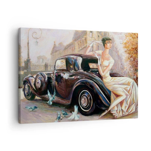 Obraz na plátně - Retro žena vedle klasického auta - 70x50cm - Elegance v retro stylu - Moderní nástěnná dekorace do obývacího pokoje a ložnice ARTTOR