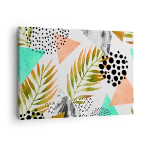 Obraz na plátně - Tropický vzor s listy a geometrickými tvary - 70x50cm - Dekorace s palmovým listem - Moderní nástěnná dekorace do obývacího pokoje a ložnice ARTTOR
