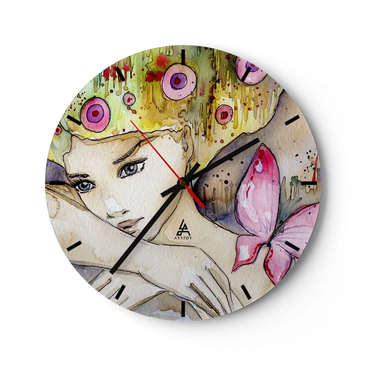 Nástěnné hodiny - Akvarelová malba ženy s motivem motýla a barevnými detaily. - 30x30cm - Motýlí princezna - Moderní nástěnná dekorace do obývacího pokoje, kuchyně a ložnice ARTTOR