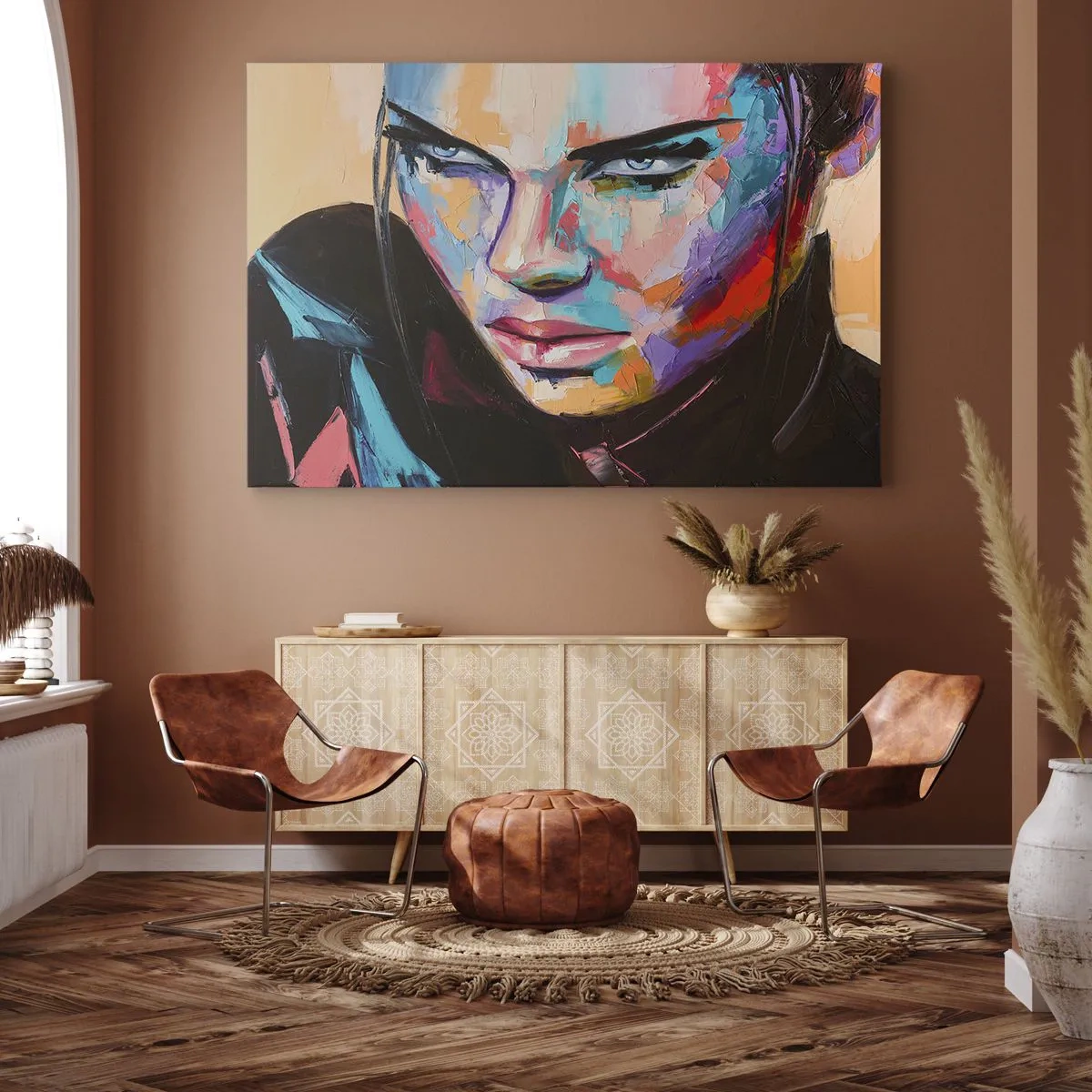 Obraz na plátně - Portrét ženy v živých abstraktních barvách - 70x50cm - Divokost srdce - Moderní nástěnná dekorace do obývacího pokoje a ložnice ARTTOR