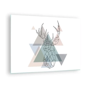 Obraz na skle - Geometrická kresba jelena na pozadí pastelových trojúhelníků - 70x50cm - V geometrickém lese - Moderní nástěnná dekorace do obývacího pokoje a ložnice ARTTOR