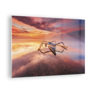 Obraz na skle - Tradiční loď na klidné vodě při západu slunce - 70x50cm - Klid tropického večera - Moderní nástěnná dekorace do obývacího pokoje a ložnice ARTTOR