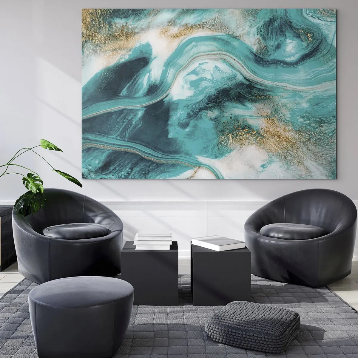 Obraz na skle - Abstraktní kompozice v tyrkysové barvě se zlatými akcenty. - 70x50cm - Řeka zlata - Moderní nástěnná dekorace do obývacího pokoje a ložnice ARTTOR