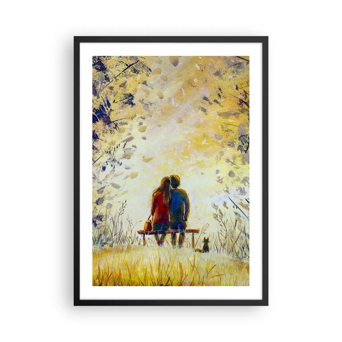 Plakát v černém rámu - Pár sedící na lavičce uprostřed podzimních barev při západu slunce - 50x70cm - Magický okamžik - Moderní nástěnná dekorace do obývacího pokoje a ložnice ARTTOR