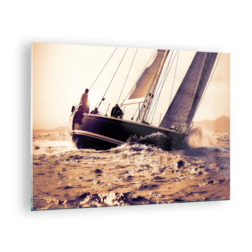 Obraz na skle - Plachetnice na rozbouřeném moři v teplých odstínech - 70x50cm - Pluj námořníku - Moderní nástěnná dekorace do obývacího pokoje a ložnice ARTTOR