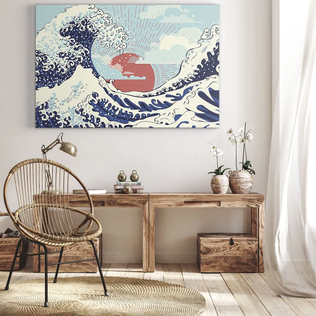 Obraz na plátně - Oceánské vlny a západ slunce v japonském stylu - 70x50cm - Z japonských inspirací - Moderní nástěnná dekorace do obývacího pokoje a ložnice ARTTOR