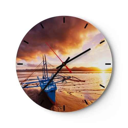 Nástěnné hodiny - Loď na pláži při západu slunce - 30x30cm - Po celém dni se natáhnout na písku - Moderní nástěnná dekorace do obývacího pokoje, kuchyně a ložnice ARTTOR