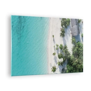 Obraz na skle - Pohled z ptačí perspektivy na tropickou pláž s palmami a tyrkysovým mořem - 70x50cm - Dovolená v ráji - Moderní nástěnná dekorace do obývacího pokoje a ložnice ARTTOR