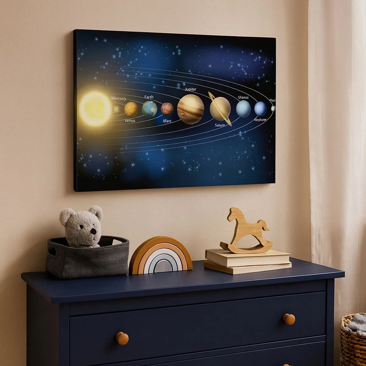 Obraz na plátně - Schéma sluneční soustavy s planetami a sluncem - 70x50cm - Jedna z deseti - Moderní nástěnná dekorace do obývacího pokoje a ložnice ARTTOR