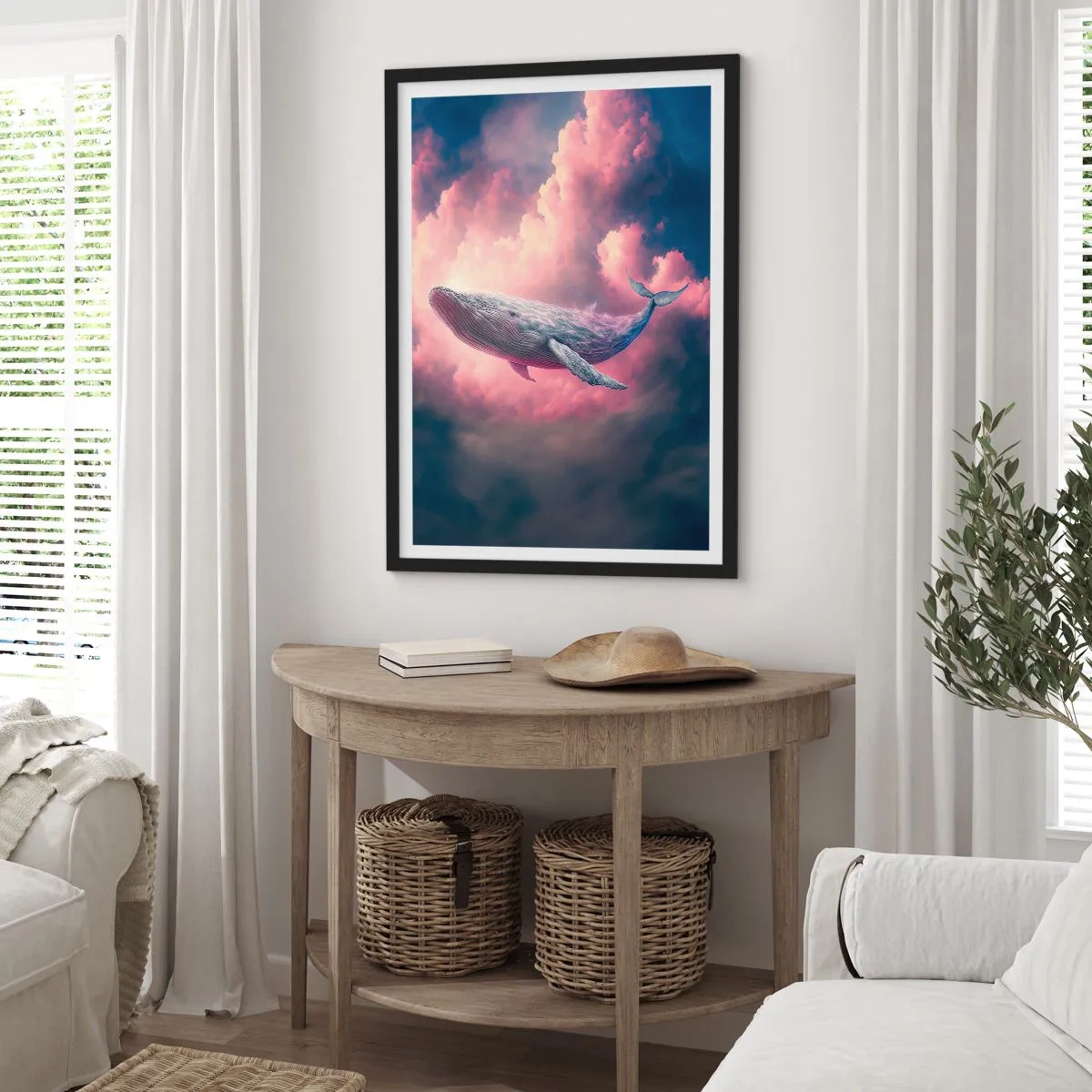 Plakát v černém rámu - Velryba letí mezi růžovými mraky při západu slunce. - 50x70cm - Otři si oči - Moderní nástěnná dekorace do obývacího pokoje a ložnice ARTTOR