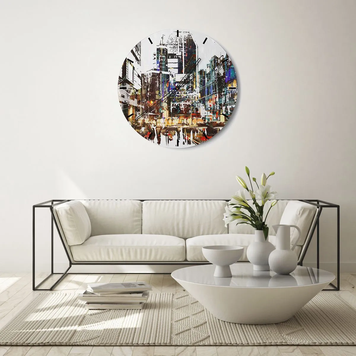 Nástěnné hodiny - Abstraktní panorama města v intenzivních barvách - 30x30cm - Třpytivé město - Moderní nástěnná dekorace do obývacího pokoje, kuchyně a ložnice ARTTOR