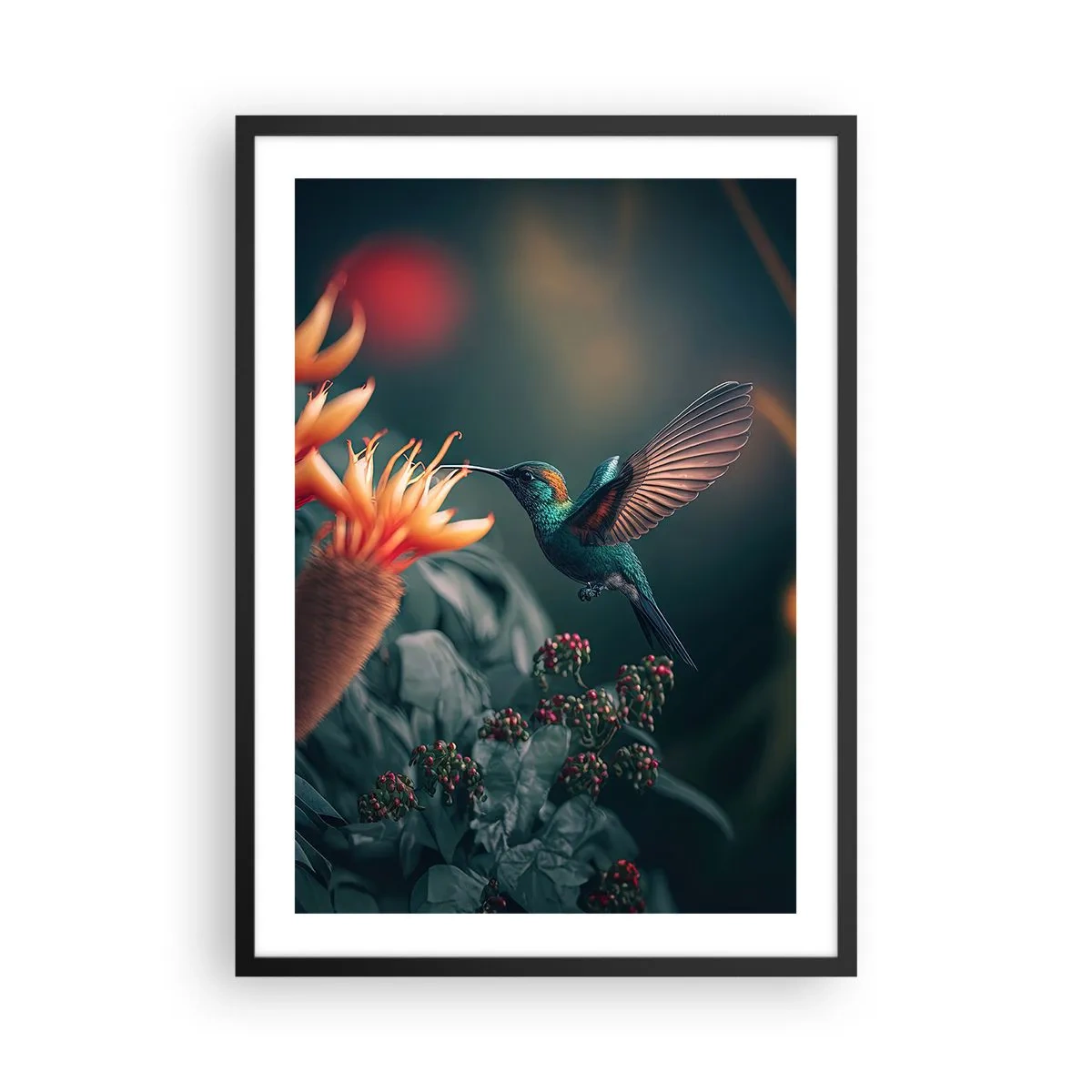 Plakát v černém rámu - Barevný kolibřík poblíž květin mezi zelení - 50x70cm - Skutečně pestrý život - Moderní nástěnná dekorace do obývacího pokoje a ložnice ARTTOR