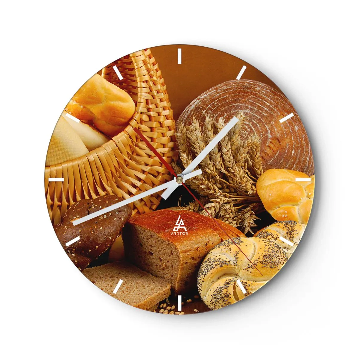 Nástěnné hodiny - Složení chleba a obilovin v rustikálním košíku - 30x30cm - Znovu jsme měli štěstí - Moderní nástěnná dekorace do obývacího pokoje, kuchyně a ložnice ARTTOR