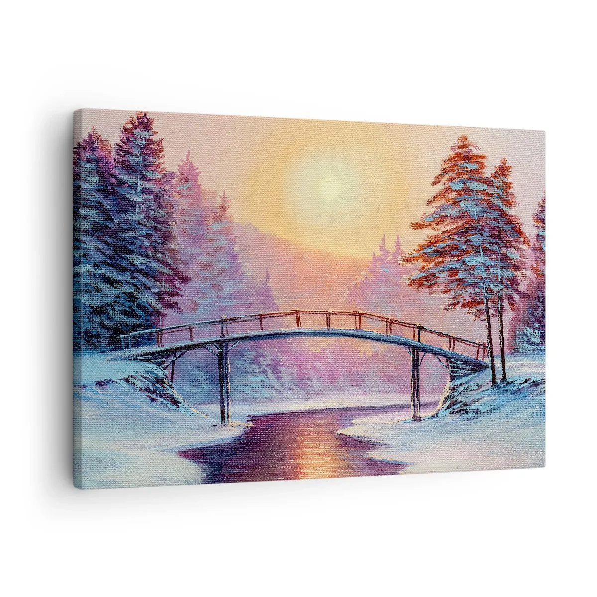 Obraz na plátně - Zimní krajina s mostem osvětleným západem slunce - 70x50cm - Čtyři roční období - zima - Moderní nástěnná dekorace do obývacího pokoje a ložnice ARTTOR