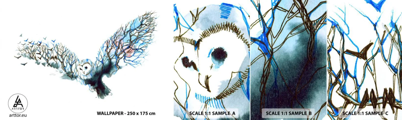 Vzor Fototapety Samolepicí Deluxe Sticker - Na křídlech lesa - Abstrakce, Sova, Pták - 100x30 cm