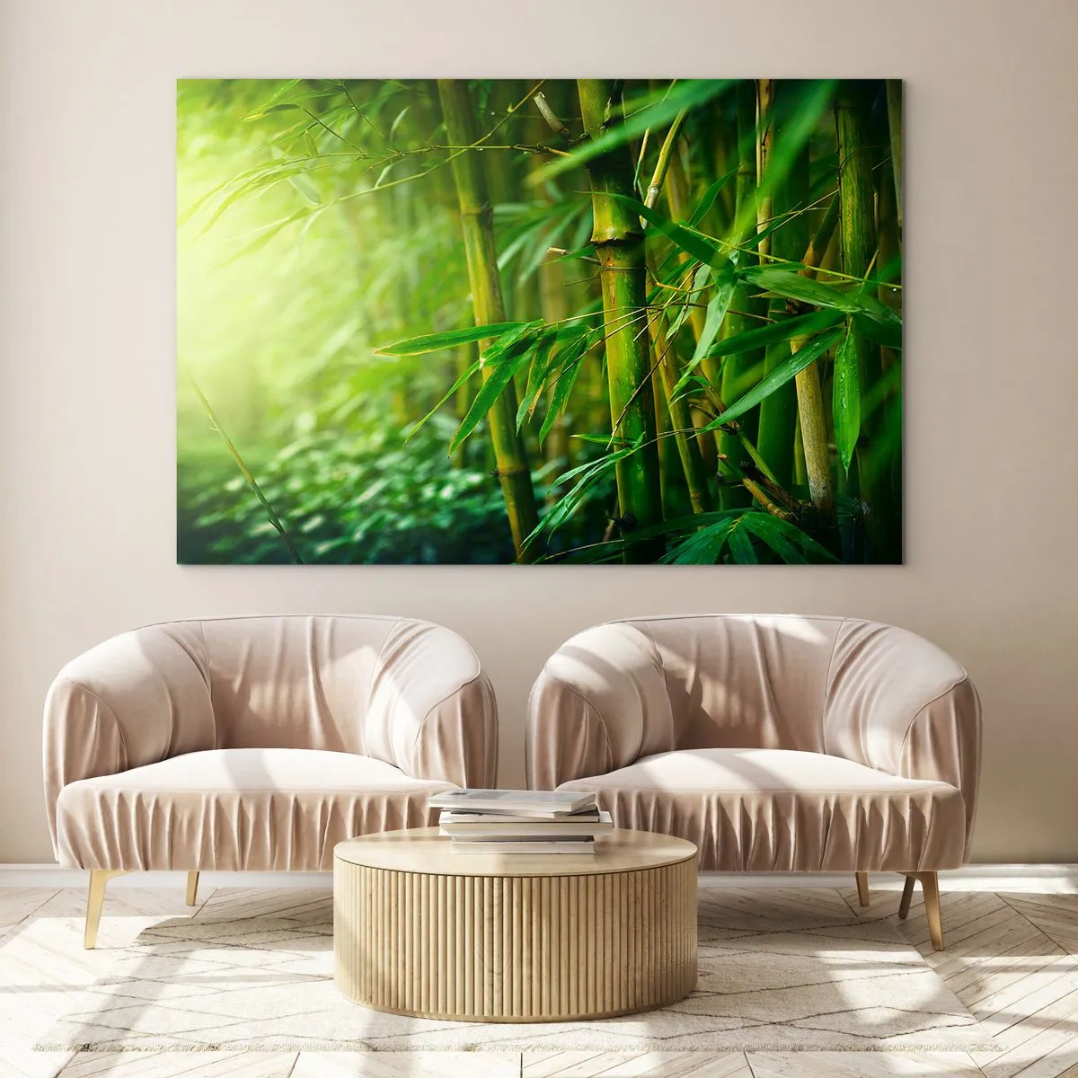 Obraz na skle - Zelený bambusový les na slunci - 70x50cm - Poznat samotnou zeleň - Moderní nástěnná dekorace do obývacího pokoje a ložnice ARTTOR