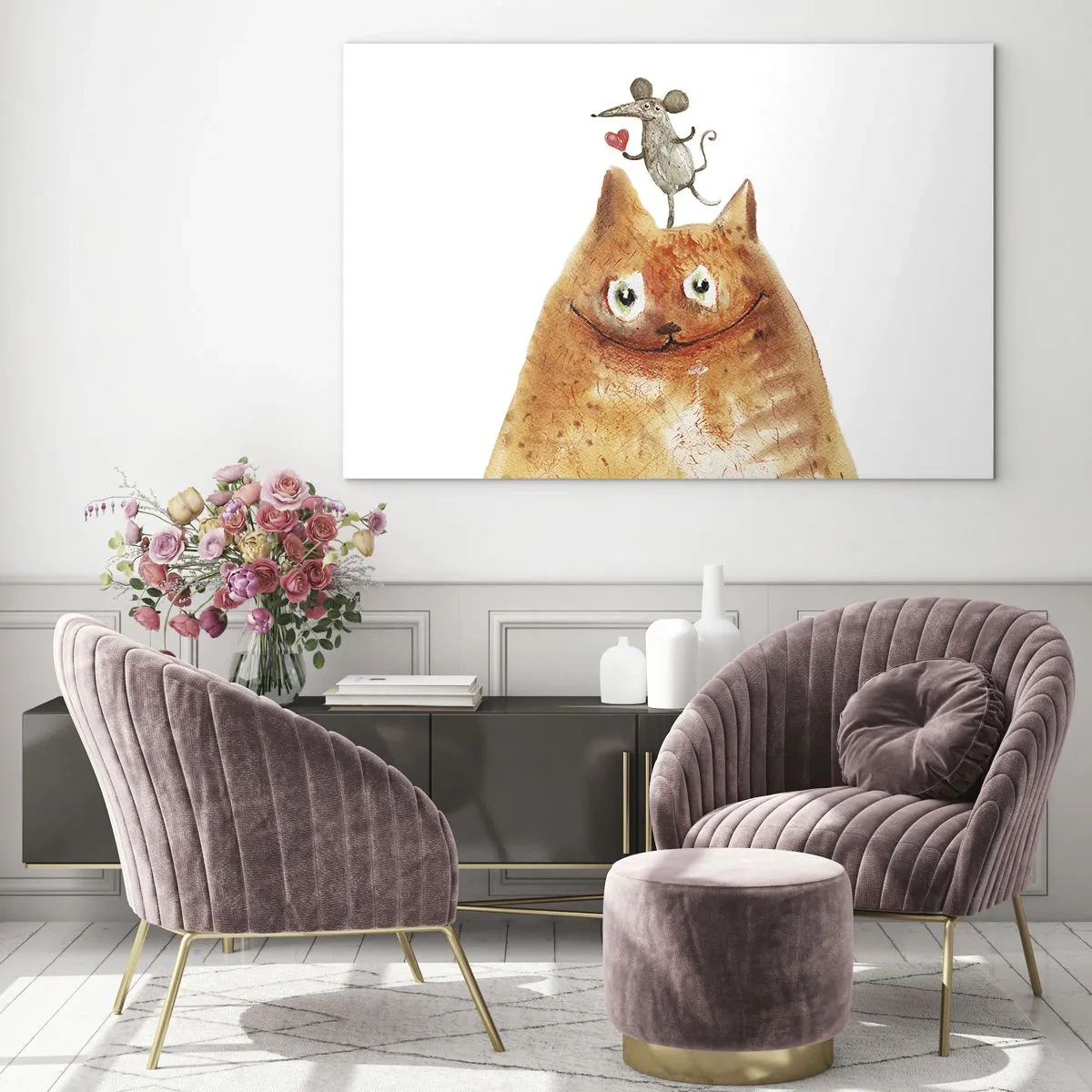 Obraz na skle - Kočka s myší na hlavě v humorném stylu - 70x50cm - Paradoxy lásky - Moderní nástěnná dekorace do obývacího pokoje a ložnice ARTTOR