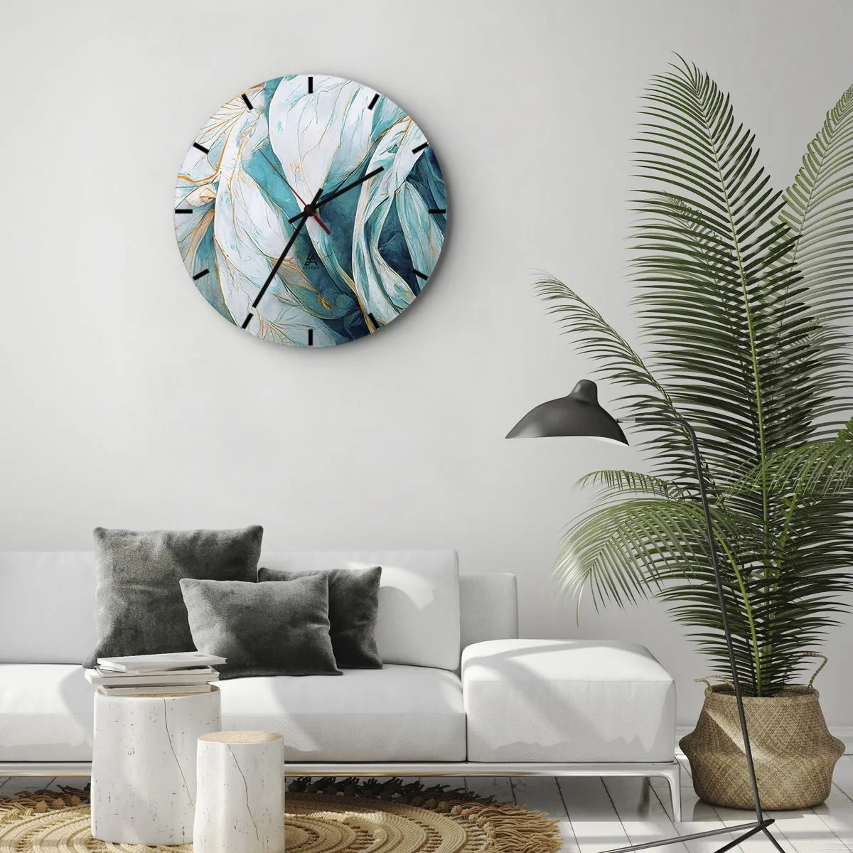 Nástěnné hodiny - Zlaté čáry na modrobílém pozadí s jemnou texturou. - 30x30cm - Modrá abstrakce se zlatým motivem - Moderní nástěnná dekorace do obývacího pokoje, kuchyně a ložnice ARTTOR