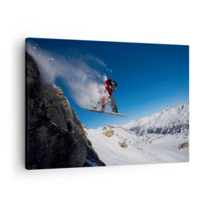 Obraz na plátně - Snowboardista skáče ze skály na pozadí horské krajiny - 70x50cm - A stal ses součástí prostoru - Moderní nástěnná dekorace do obývacího pokoje a ložnice ARTTOR