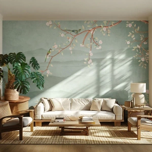 Fototapeta Standard Eco - Kvetoucí větev s ptáky na pozadí zelených kopců - 100x70cm - Jaro je tady - Moderní nástěnná dekorace do obývacího pokoje a ložnice ARTTOR