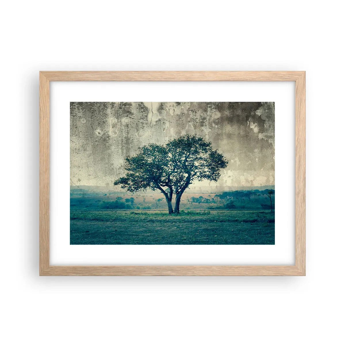 Plakát v rámu světlý dub - Jabloň na modrém poli? - 40x30 cm