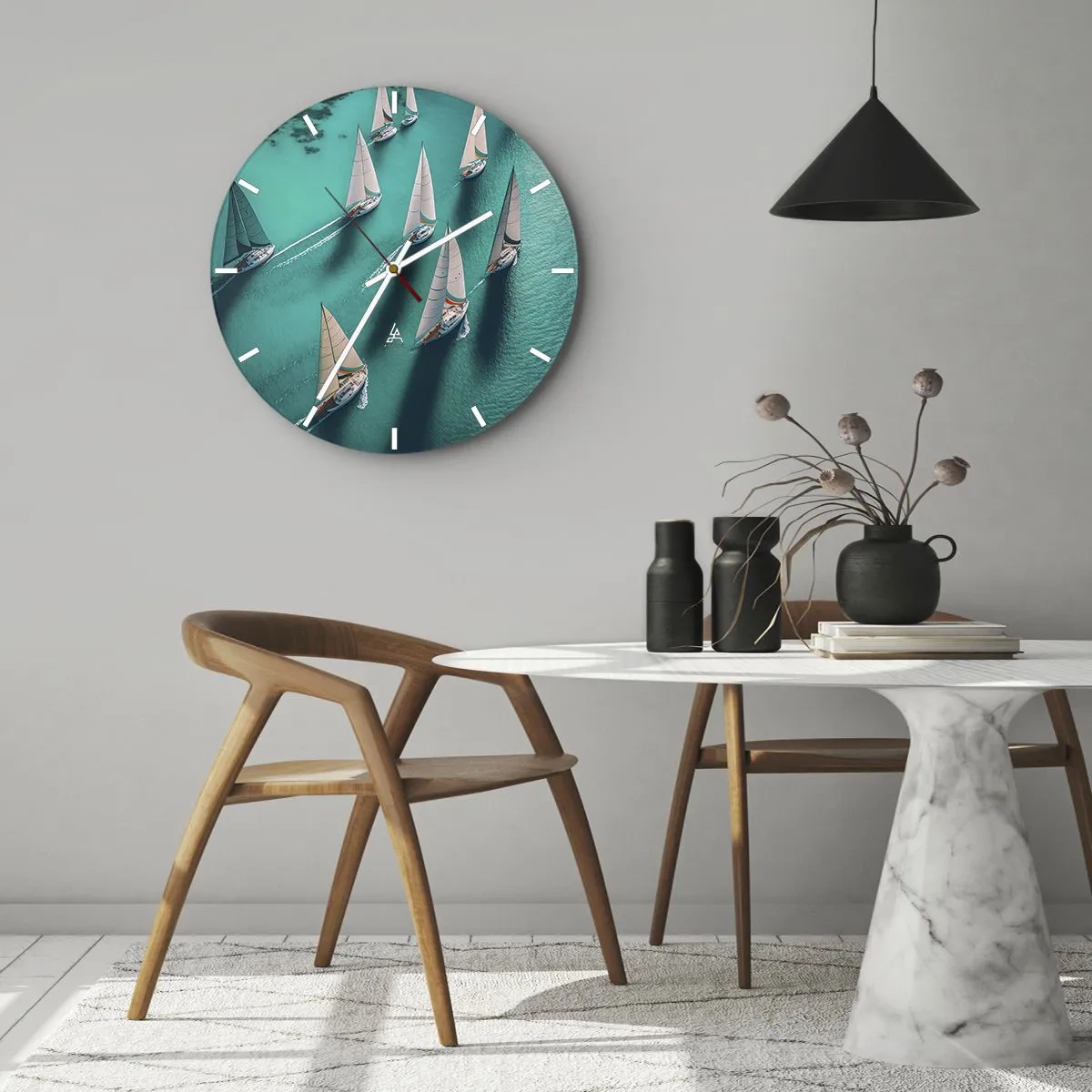Nástěnné hodiny - Plachetnice na tyrkysové vodě v dynamickém uspořádání - 30x30cm - Zápasení s větrem - Moderní nástěnná dekorace do obývacího pokoje, kuchyně a ložnice ARTTOR