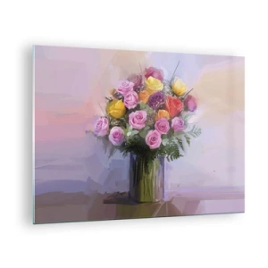 Obraz na skle - Kytice růží ve skleněné váze na pastelovém pozadí - 70x50cm - Zachycená krása - Moderní nástěnná dekorace do obývacího pokoje a ložnice ARTTOR