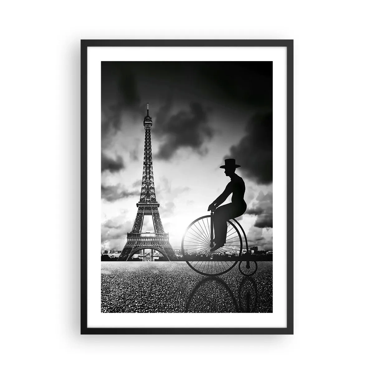 Plakát v černém rámu - Silueta cyklisty na pozadí Eiffelovy věže - 50x70cm - Touha po Belle Epoque - Moderní nástěnná dekorace do obývacího pokoje a ložnice ARTTOR