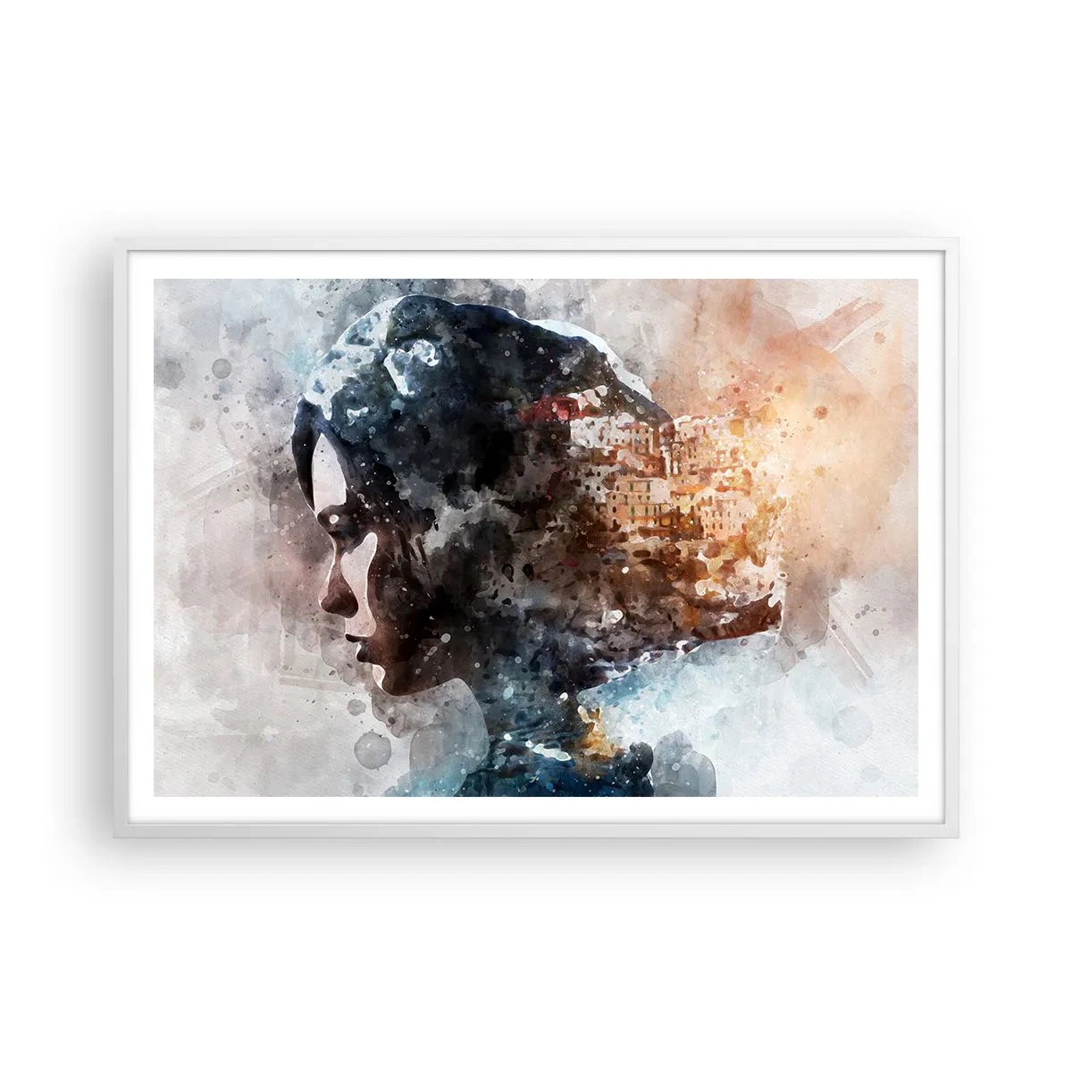 Plakát v bílém rámu - Příběh o dívce s městem v pozadí - 100x70 cm