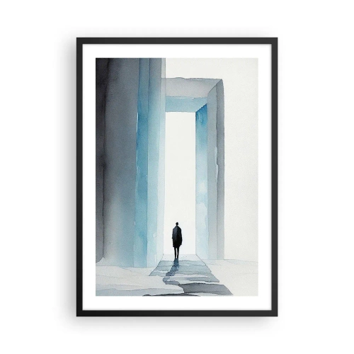 Plakát v černém rámu - Postava procházející modrou branou, symbolizující svobodu a neomezené možnosti - 50x70cm - Žij bez omezení - Moderní nástěnná dekorace do obývacího pokoje a ložnice ARTTOR
