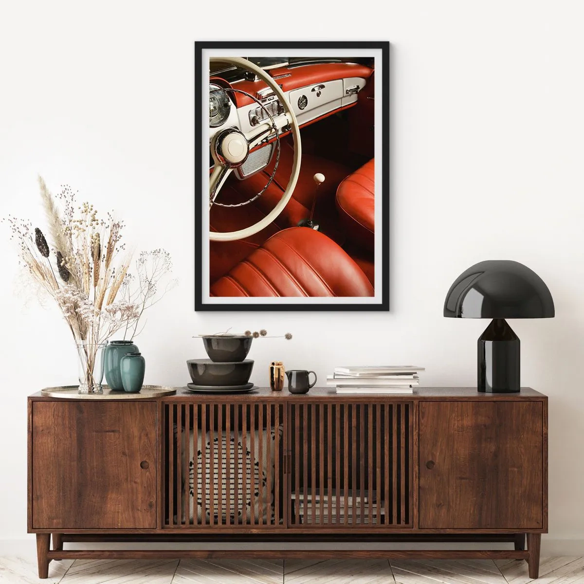 Plakát v černém rámu - Stylový interiér klasického vozu - 50x70cm - Luxus ve stylu vintage - Moderní nástěnná dekorace do obývacího pokoje a ložnice ARTTOR
