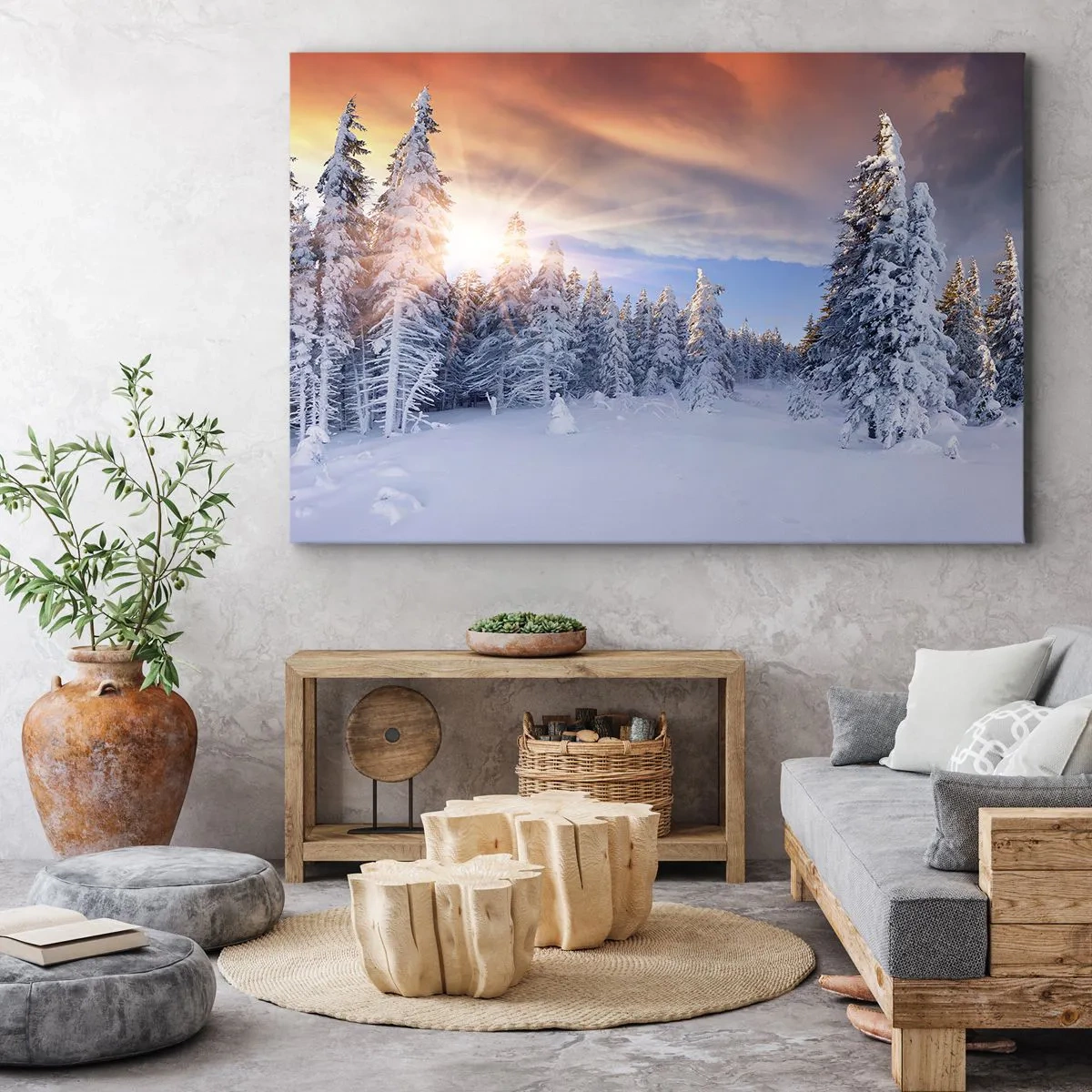 Obraz na plátně - Zimní krajina se zasněženým lesem při západu slunce - 70x50cm - Sněžné představení přírody - Moderní nástěnná dekorace do obývacího pokoje a ložnice ARTTOR