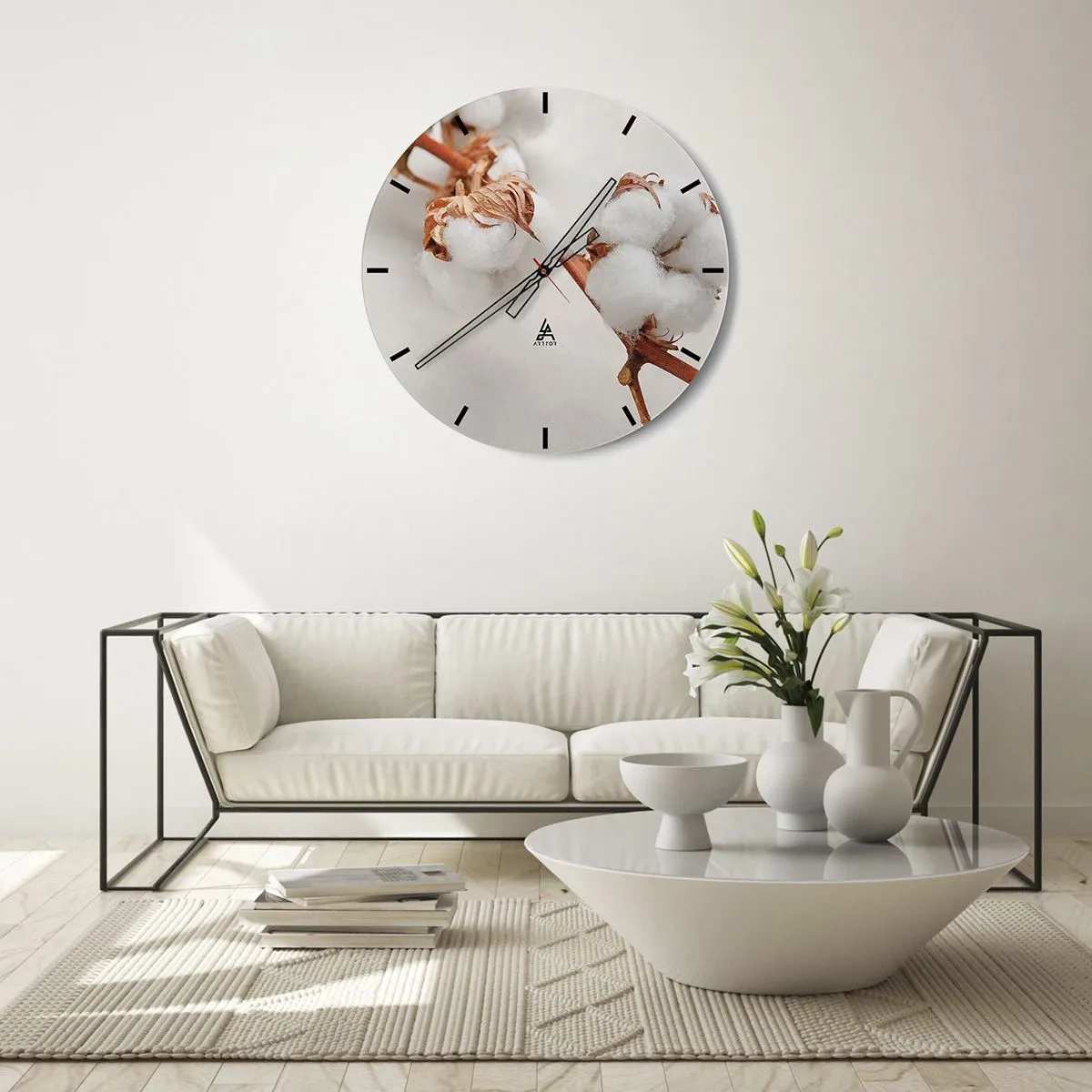 Nástěnné hodiny - Bílé nadýchané bavlníkové květy na světlém pozadí - 30x30cm - Jenom objímat - Moderní nástěnná dekorace do obývacího pokoje, kuchyně a ložnice ARTTOR