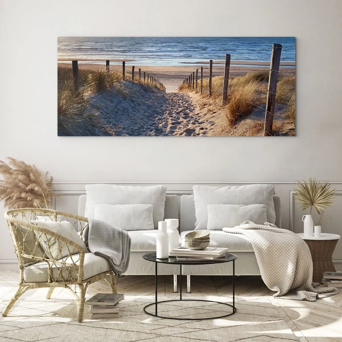 Obraz na skle - Šumění moře, zpěv ptáků, divoká pláž uprostřed trávy… - 100x40 cm