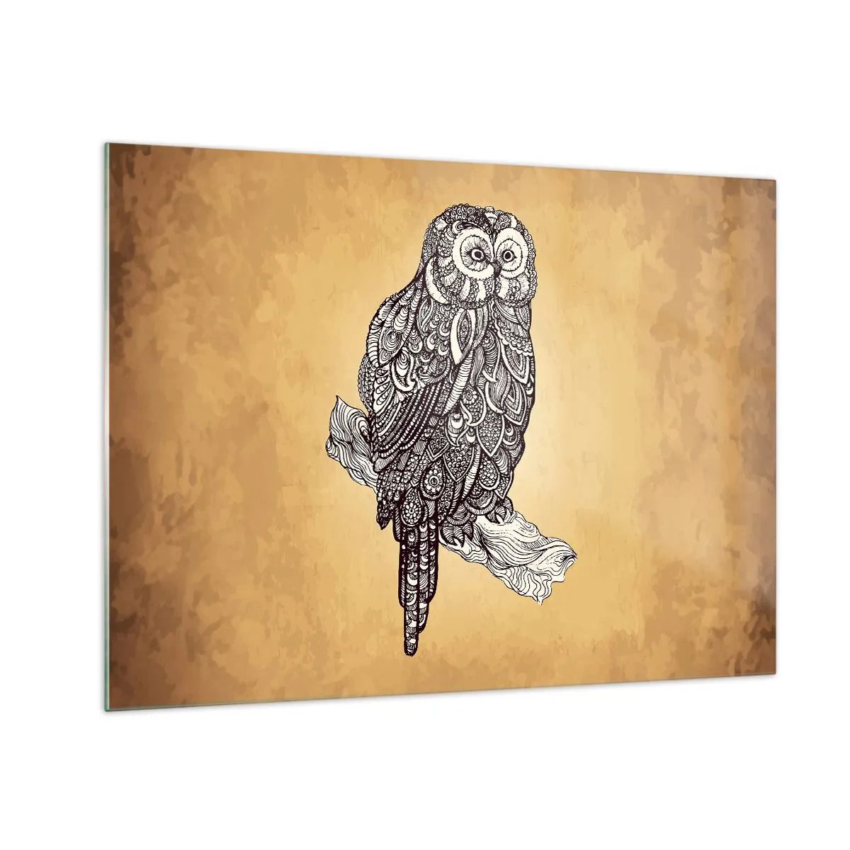 Obraz na skle - Ornamentální styl sova na sépiovém pozadí - 70x50cm - Mistrovské ornamenty moudrosti - Moderní nástěnná dekorace do obývacího pokoje a ložnice ARTTOR