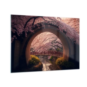 Obraz na skle - Třešňové květy a japonský most vidět skrz kulatou bránu - 70x50cm - Japonské jaro - Moderní nástěnná dekorace do obývacího pokoje a ložnice ARTTOR