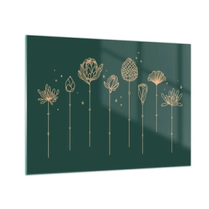Obraz na skle - Zlaté obrysy bylin a květin na tmavě zeleném pozadí - 70x50cm - Bylinky - Moderní nástěnná dekorace do obývacího pokoje a ložnice ARTTOR