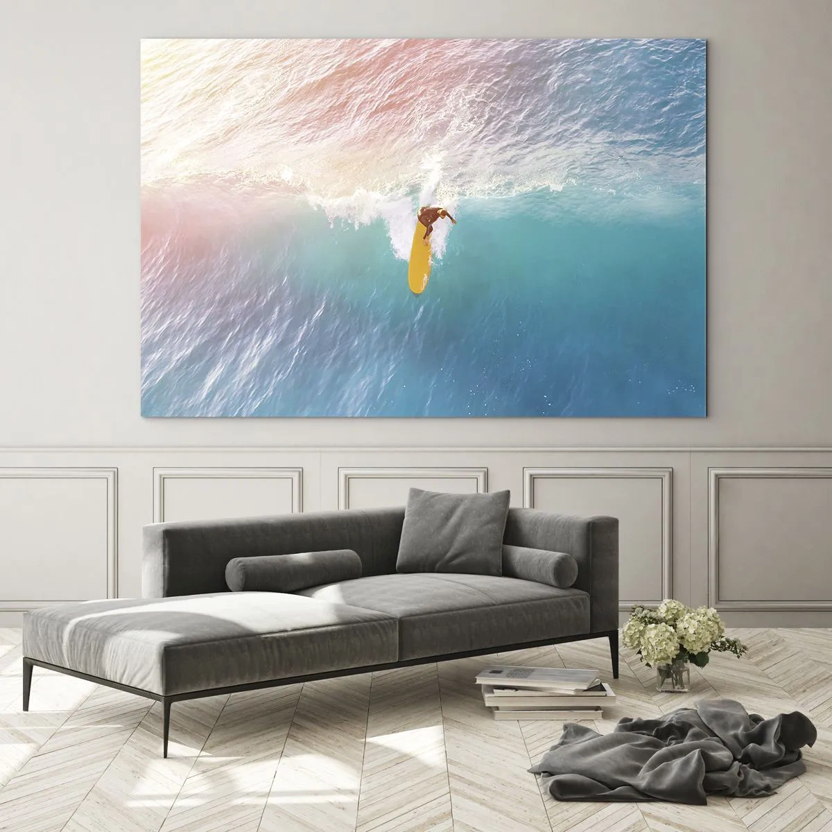 Obraz na skle - Surfař na vlně v tyrkysovém oceánu - 70x50cm - Oceanický jezdec - Moderní nástěnná dekorace do obývacího pokoje a ložnice ARTTOR