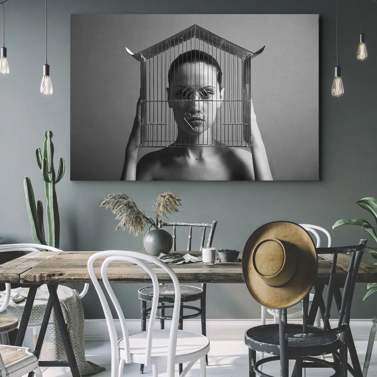 Obraz na plátně - Žena za klecí v surrealistickém stylu - 70x50cm - Tak trochu surrealistický portrét - Moderní nástěnná dekorace do obývacího pokoje a ložnice ARTTOR